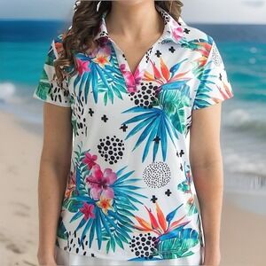 Yatta Golf Women Polo Shirt Xl Tropical Floral Bird of Paradise Performance
